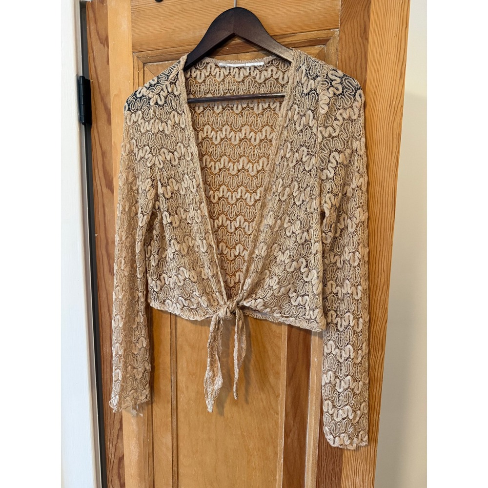 Tan Crochet Lace Tie Front Bolero Cardigan Cottagecore Cropped Shrug Long Sleeve
